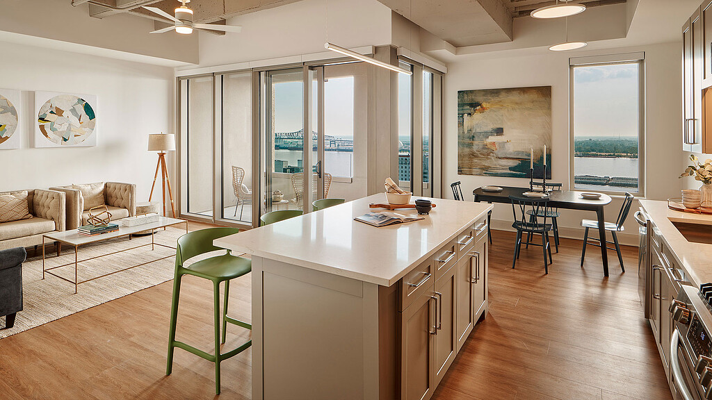 The Residences at Rivermark kitchen and living room