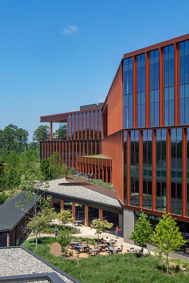 A building with a glass front.