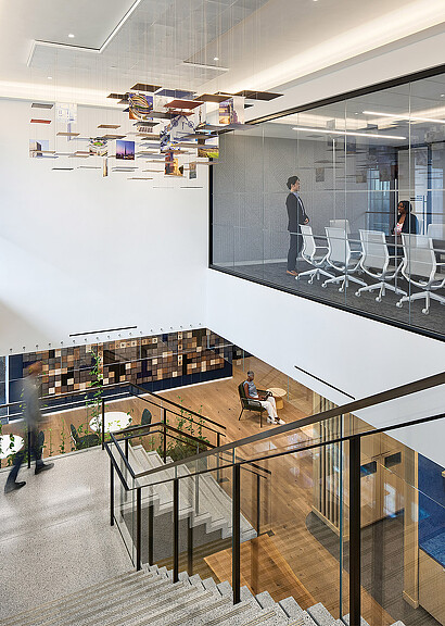 A high angle view of people in a building.