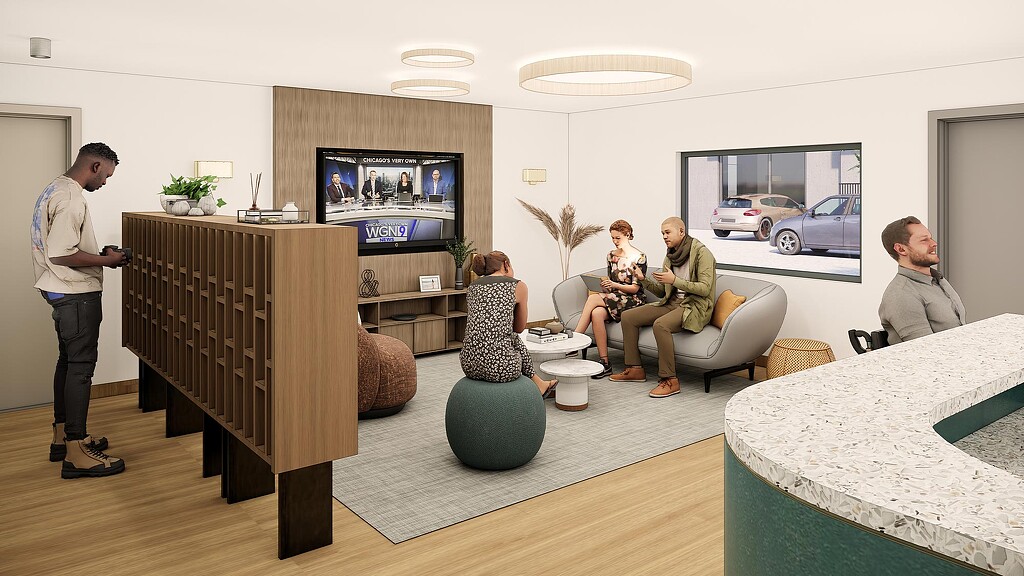 Interior rendering of a group of people in a room.