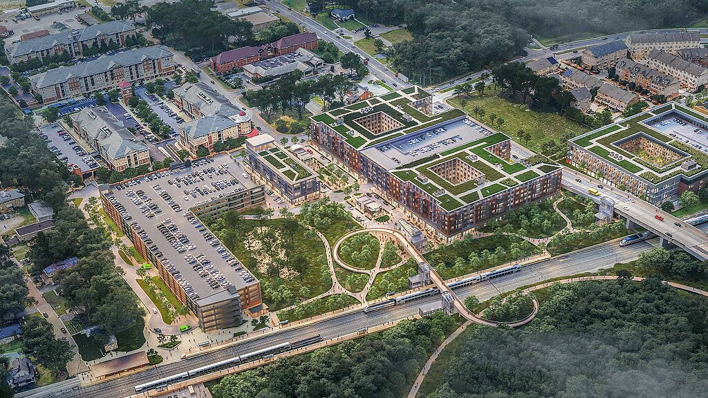 An aerial view of a large building.