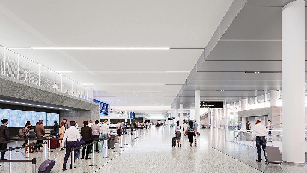 A group of people in an airport.