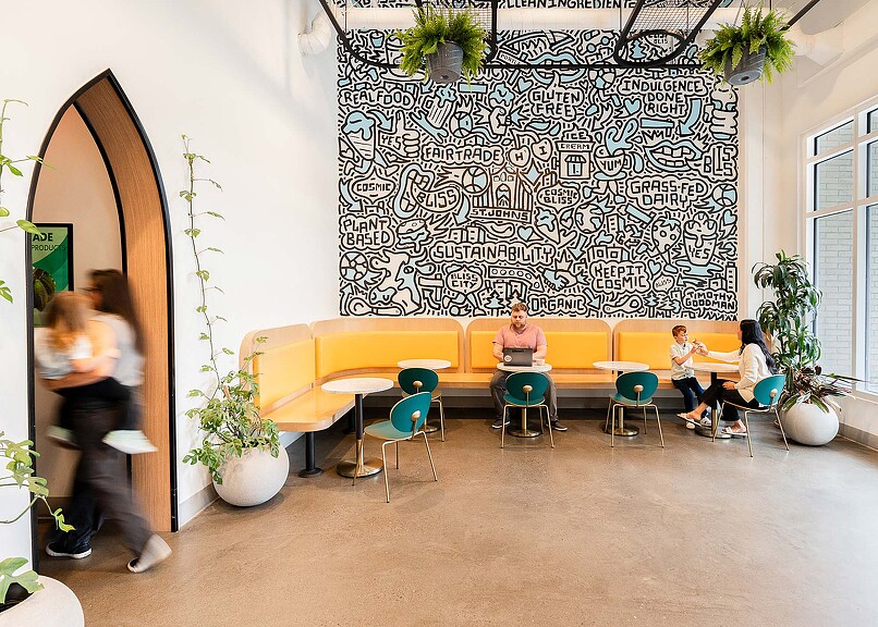 Cosmic Bliss ice cream shop interior with wall mural