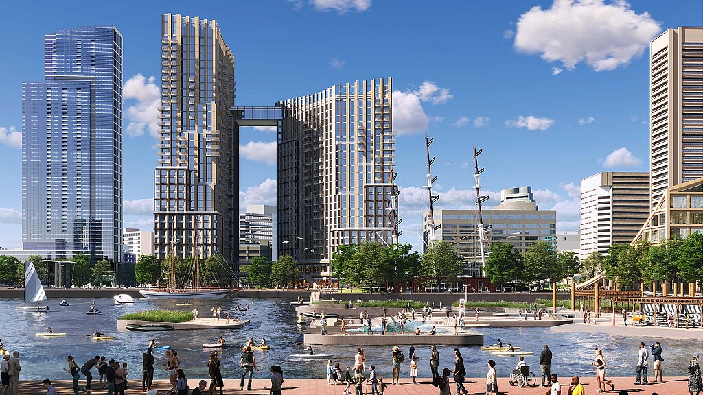Harborplace, Baltimore, Maryland, a masterplan designed by Gensler shows an activated waterfront with people.
