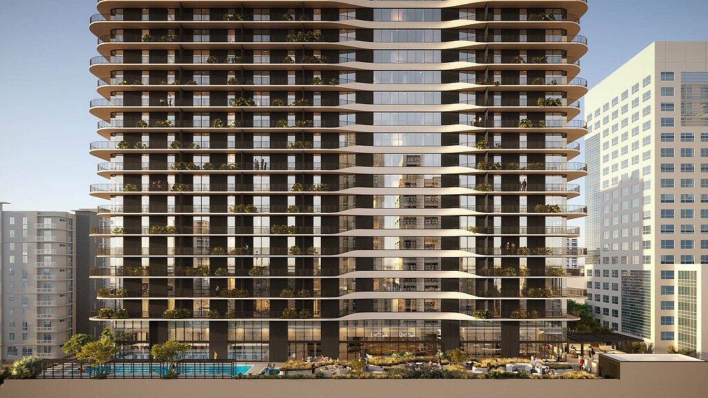A tall building with many windows.