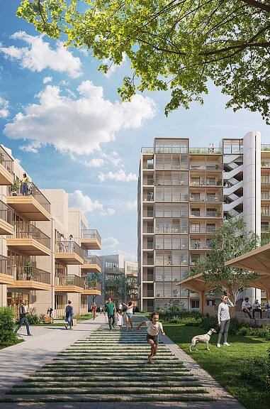 People walking on a sidewalk.