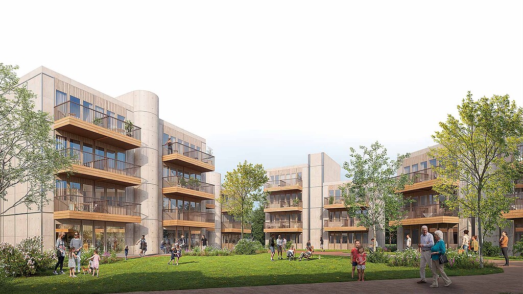 A group of people walking outside of a building.