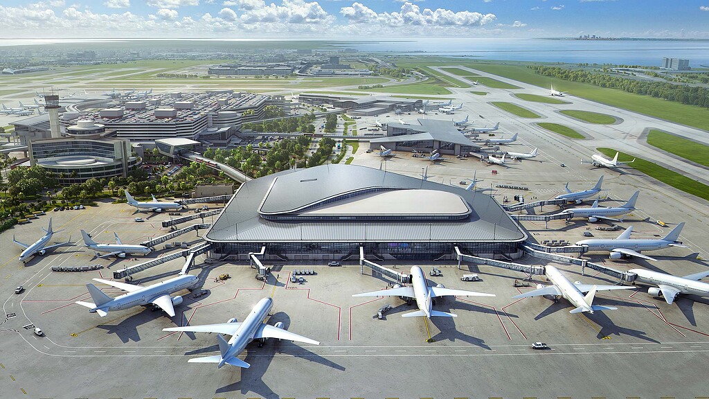 An airport with many planes.