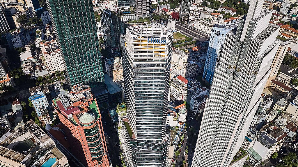 A high angle view of a city.