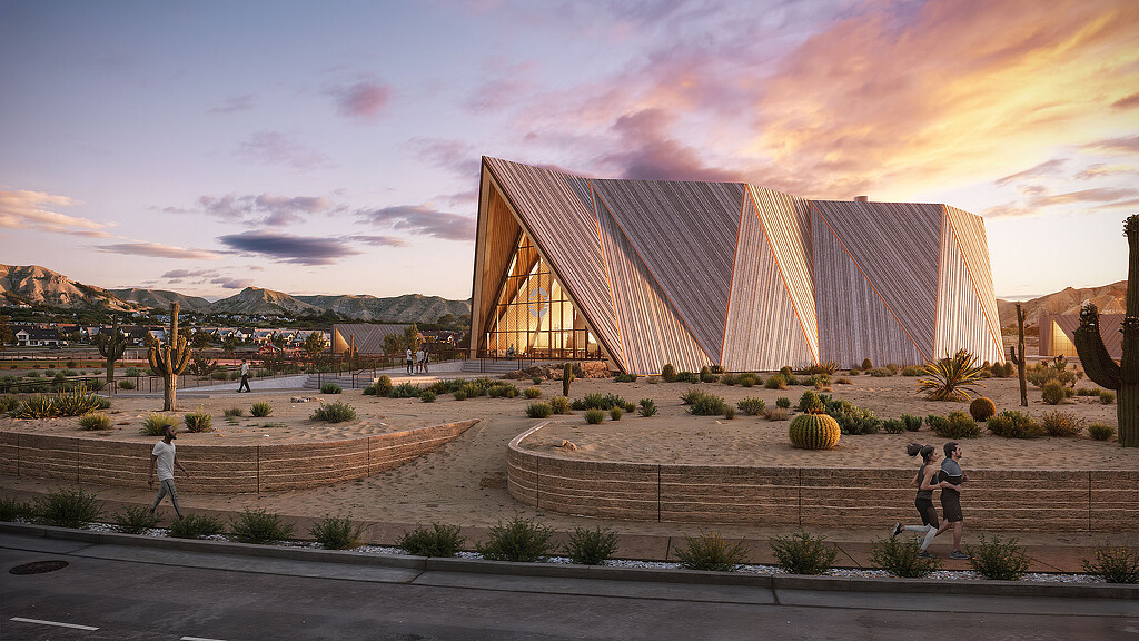 A building with a pyramid in the background.