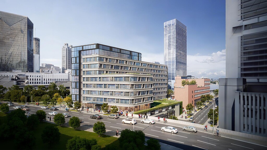 A city street with tall buildings.