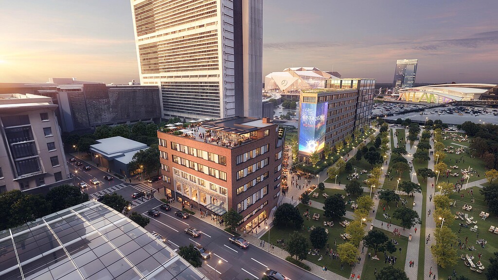 A city with tall buildings.