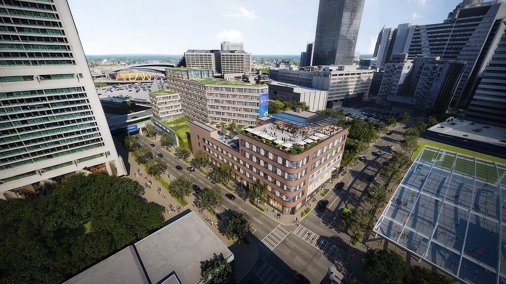 A city with tall buildings.