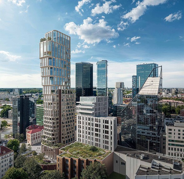 A city with tall buildings.