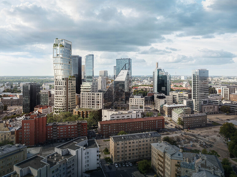 A city with tall buildings.