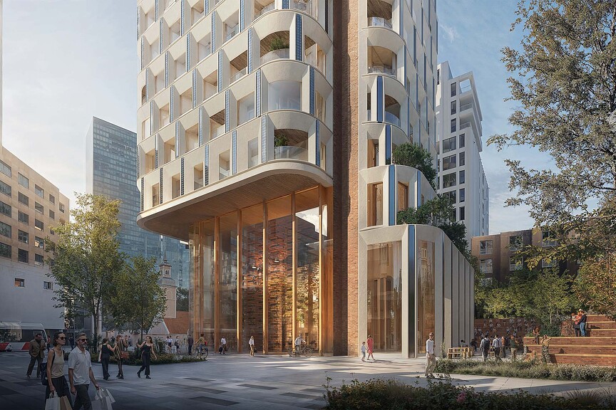 A building with a large glass front.