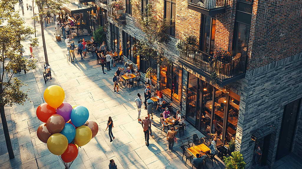 A group of people walking down a street with balloons.