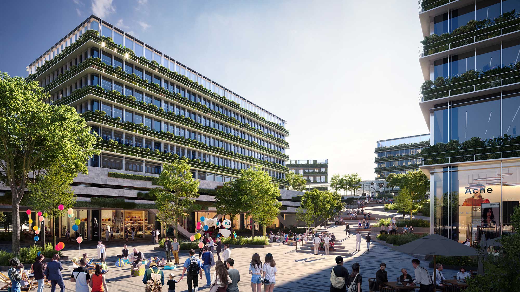 A group of people walking around a courtyard in front of a building.