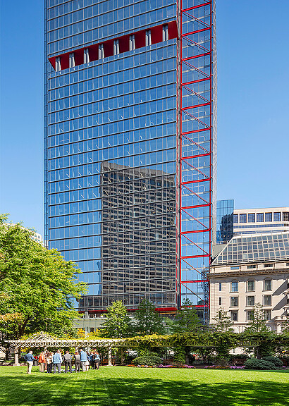 A tall glass building.