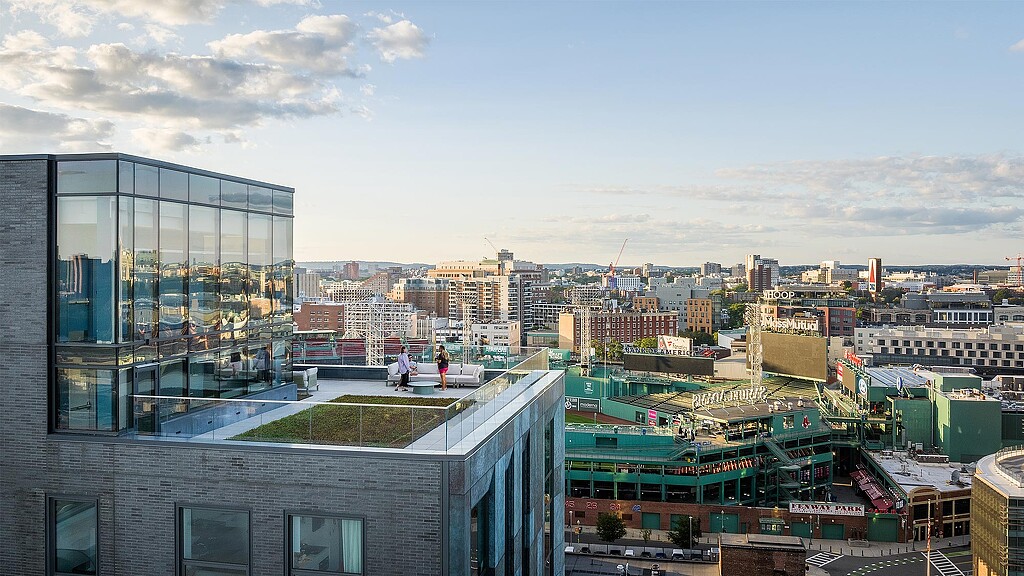 A city with a large glass building.