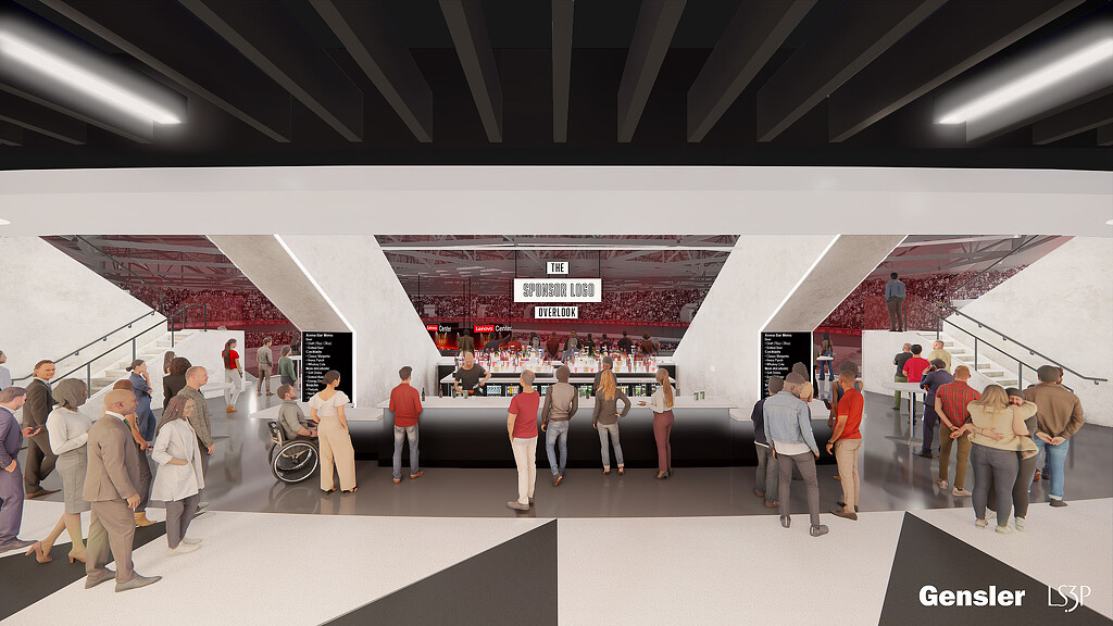 A group of people in a concession area of stadium.