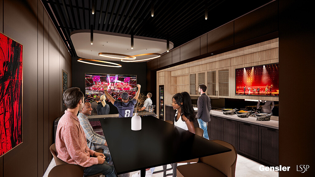 A group of people in a sports suite.