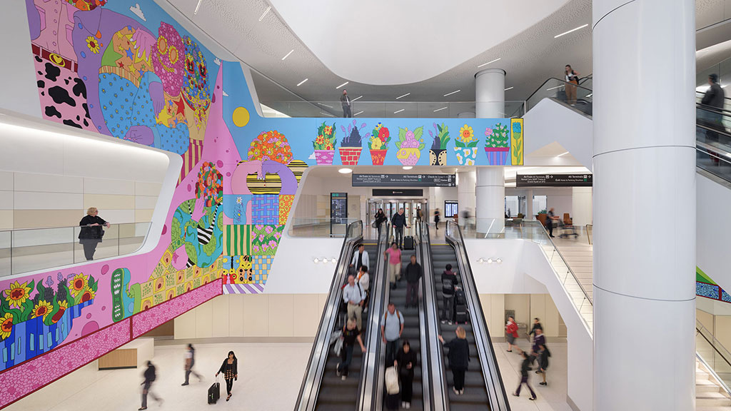 A group of people in a building.