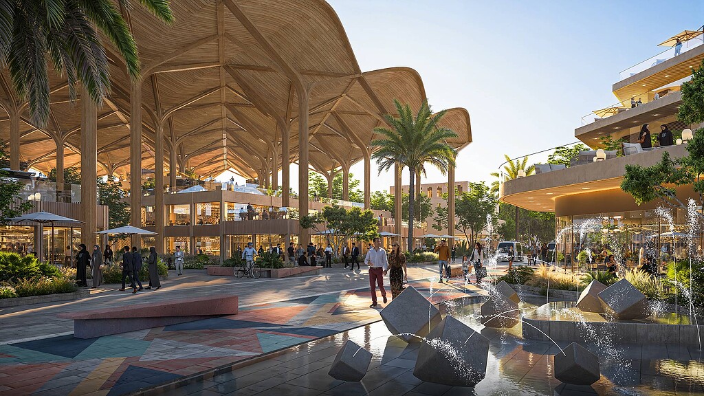 A large courtyard with people and trees.