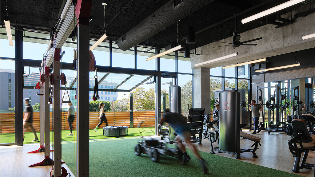 People exercising in a gym.