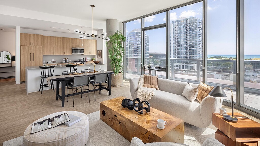 A living room with a large window.