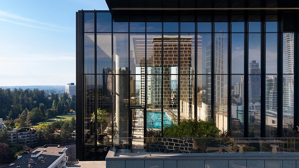 A building with glass windows.