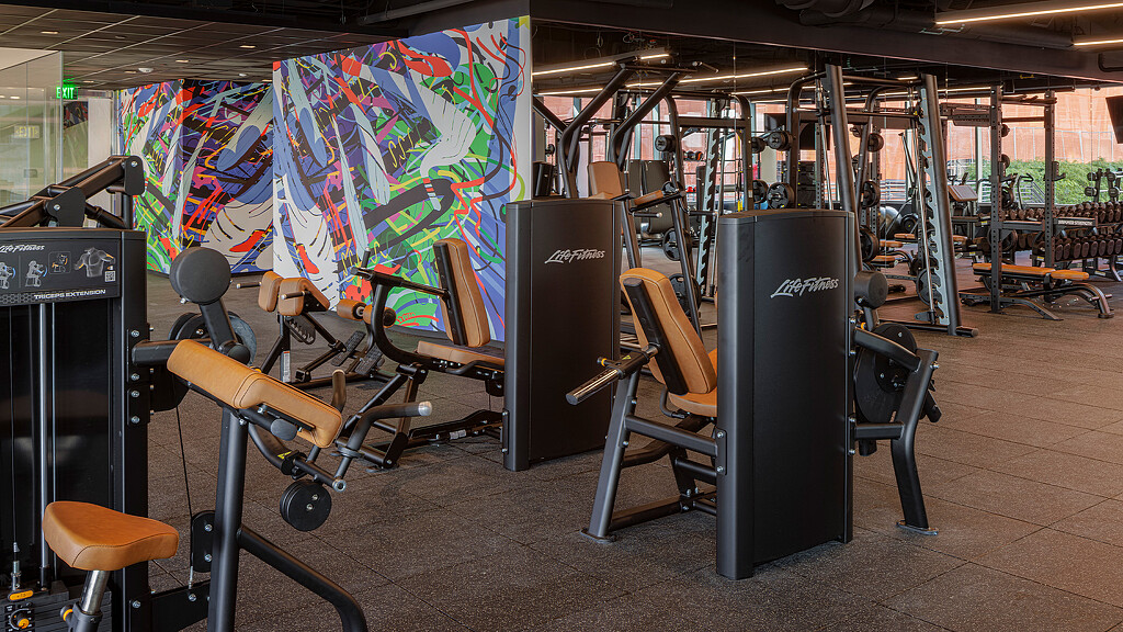 A gym with exercise equipment.