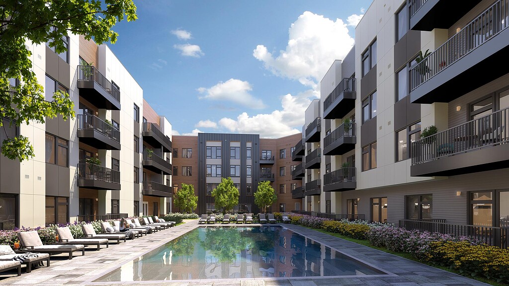 A pool in between buildings.