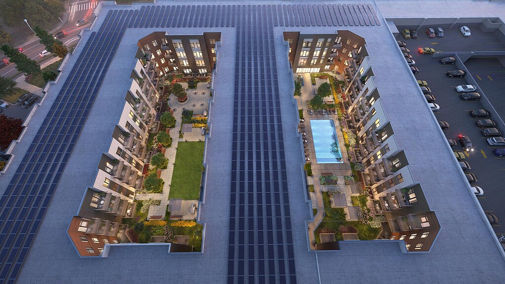 A high angle view of a building.