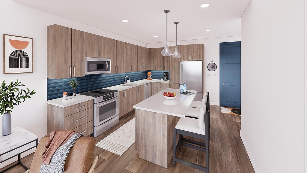 A kitchen with a dining table and a chair.