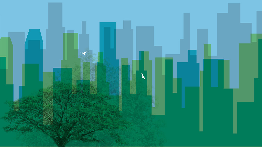 A city skyline with trees.