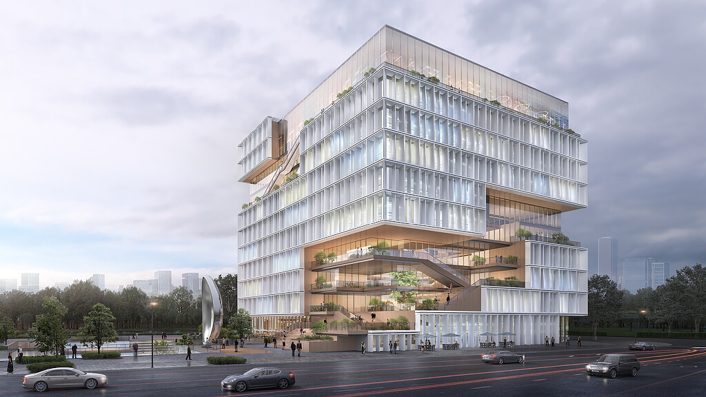 A large building with a parking lot.