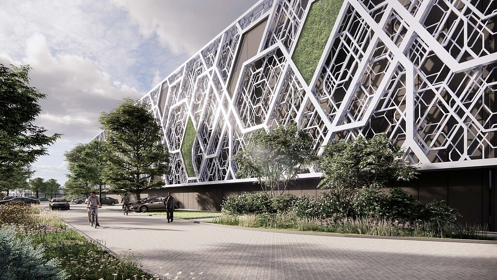 A large building with a curved roof.