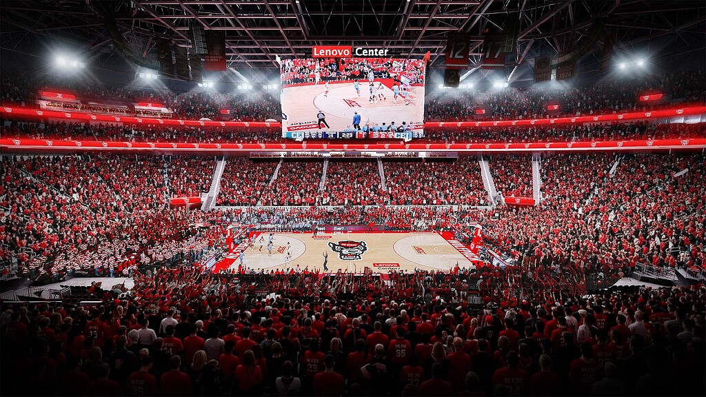 A basketball court in a stadium.