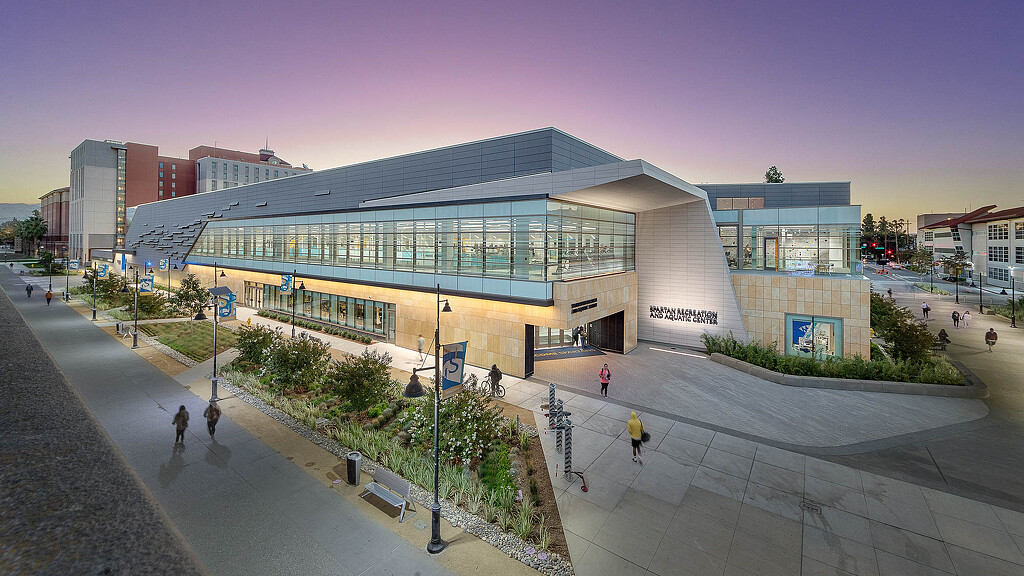 A building with a glass front.