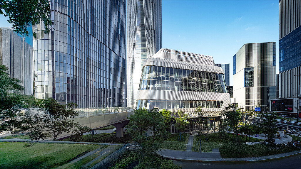 A large building with a walkway.