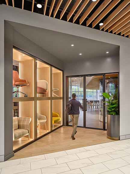 A person walking through a building.