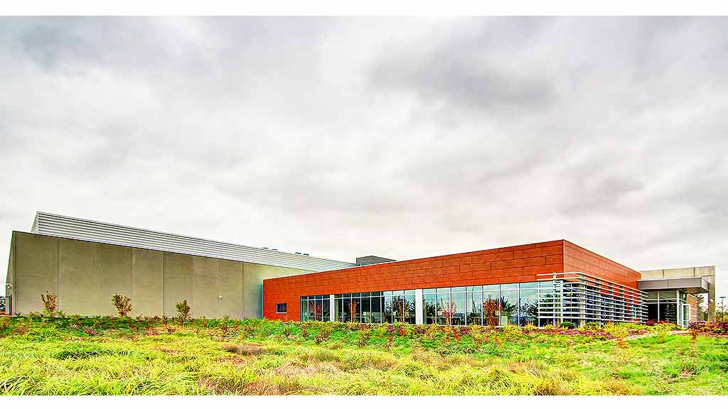 A building with glass windows.
