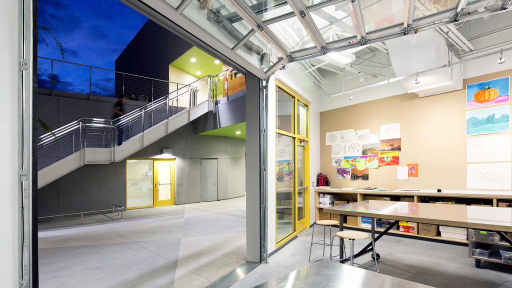 A building with a glass wall.