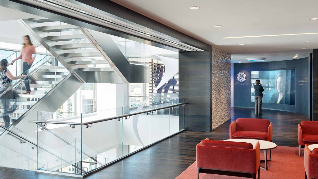 A modern looking staircase in a building.