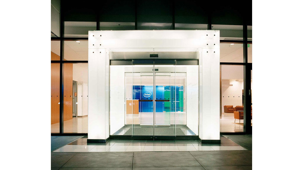 A glass door with a glass window.