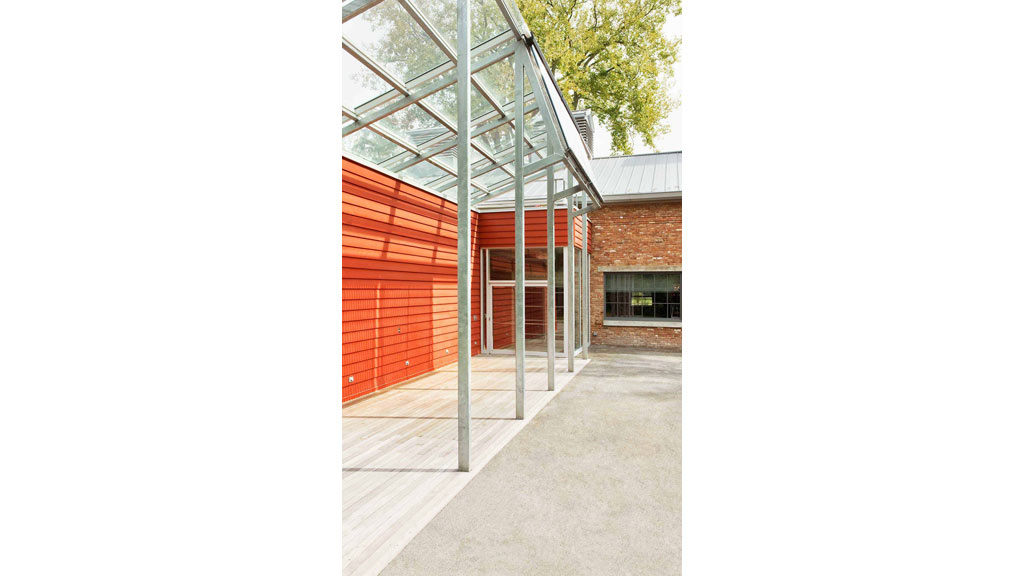 A building with a metal frame.