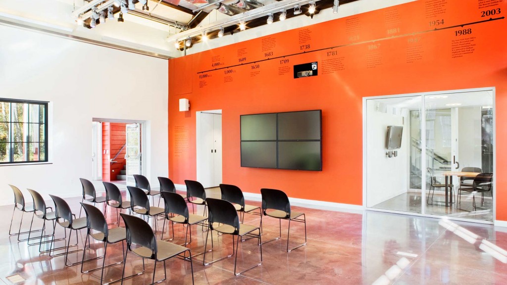 A room with chairs and a screen.