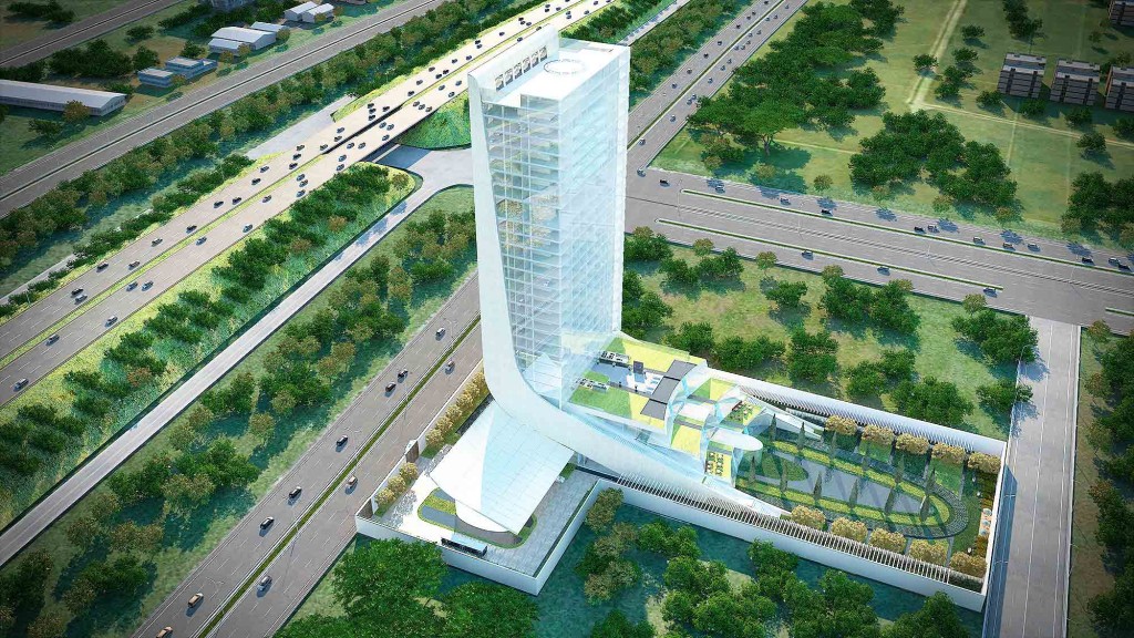 A high angle view of a building.