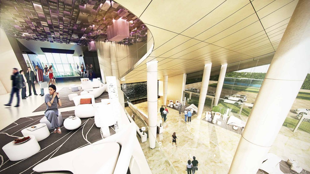 A large room with many white chairs and people in it.